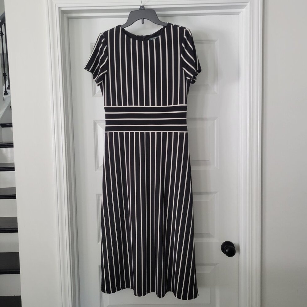 Lauren Ralph Lauren Kristie Pinstripe Black White Striped A-line Midi Dress sz 8
